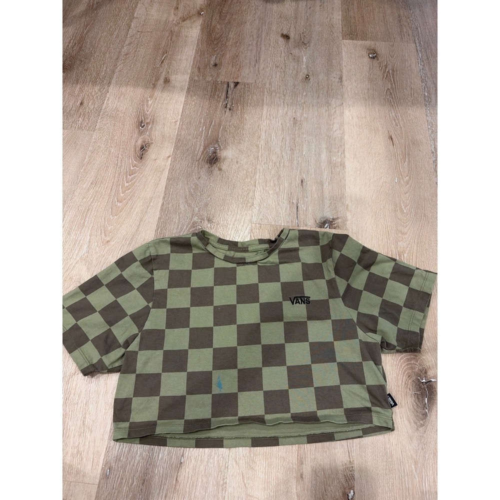 Vans Women Medium Green Brown Checkered Crop Top Short Sleeve Tee Logo